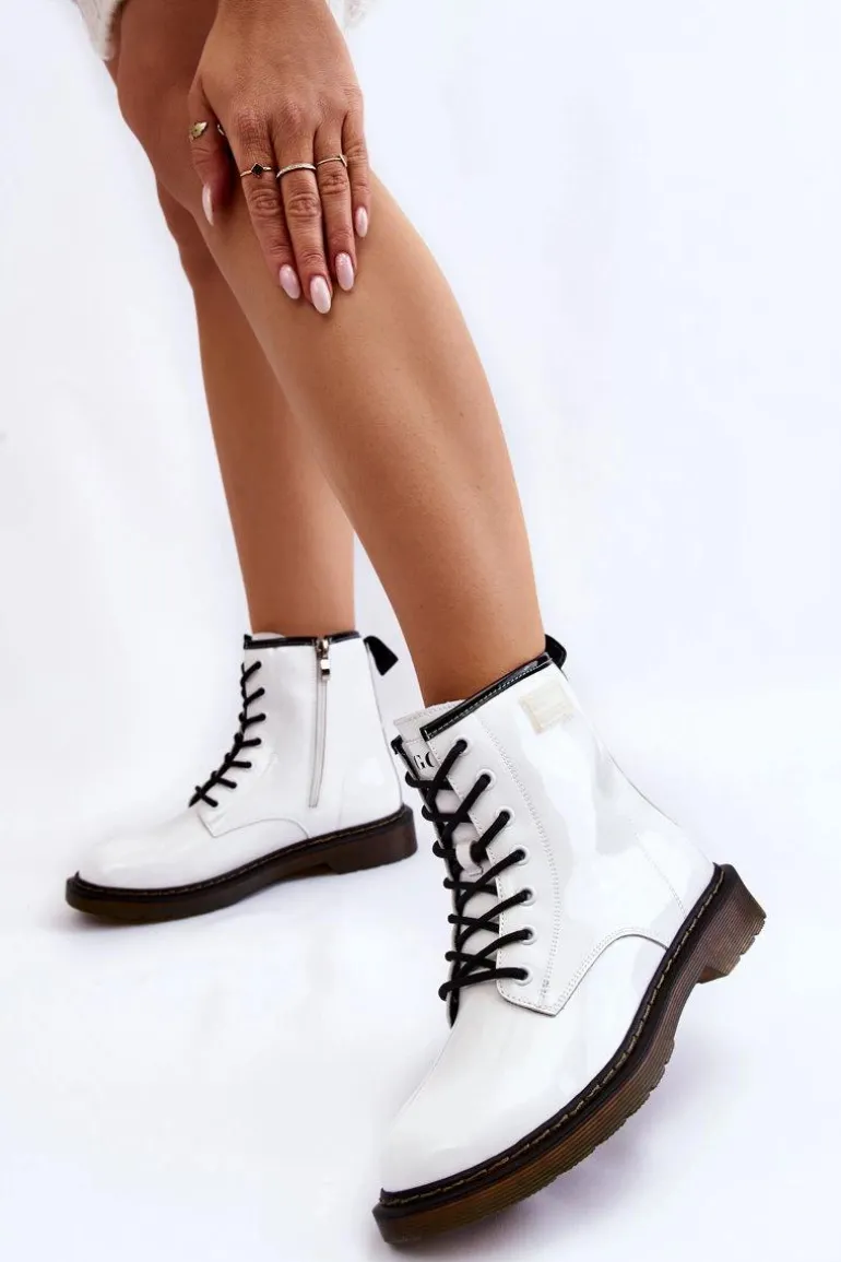 Damskie Lakierowane Botki Ocieplane GOE II2N4051 Białe