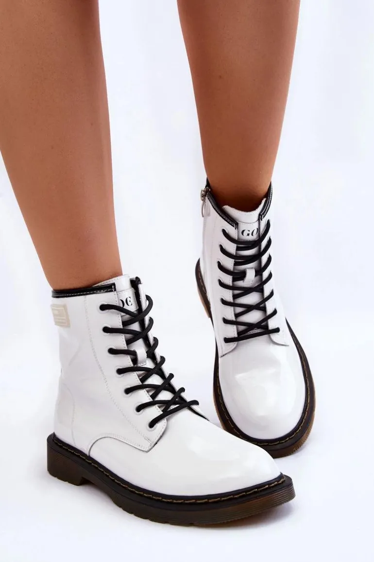 Damskie Lakierowane Botki Ocieplane GOE II2N4051 Białe