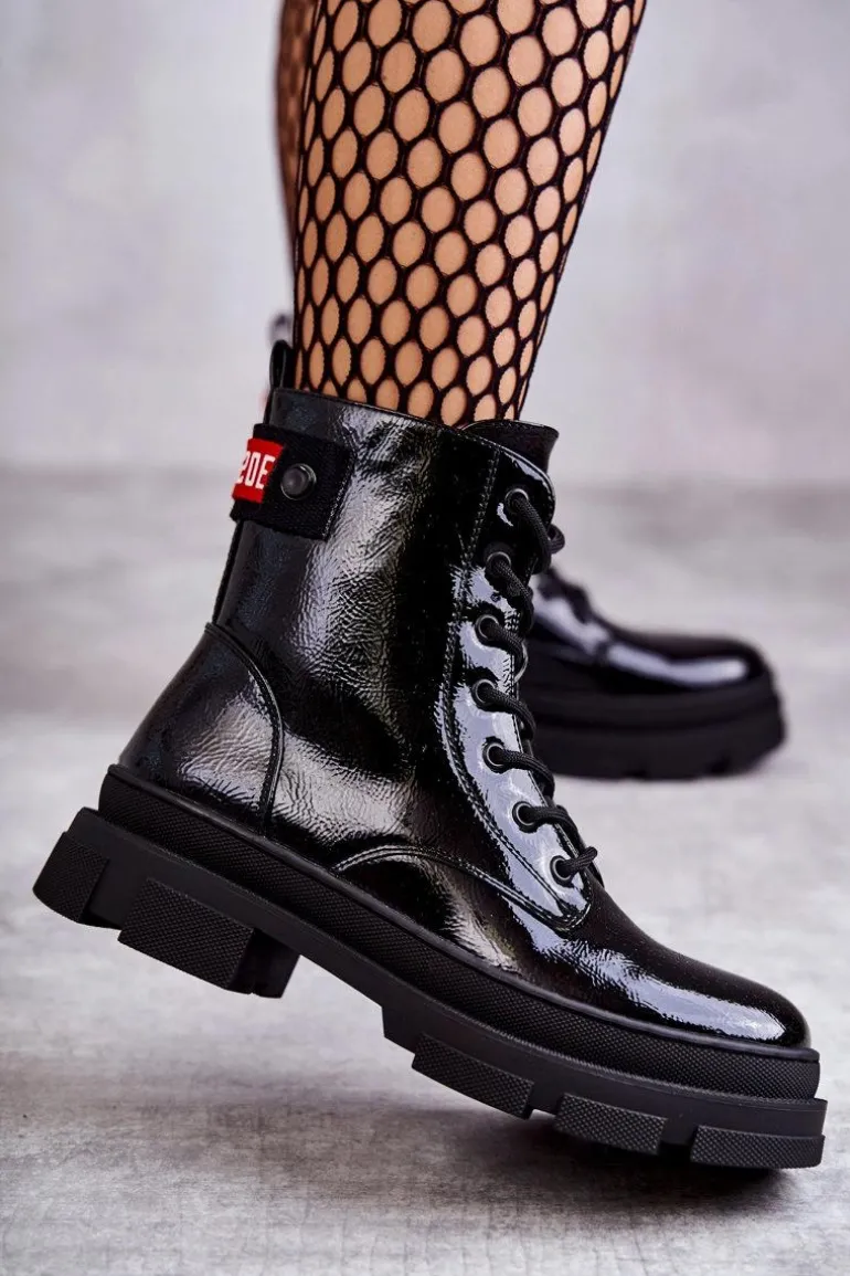 Damskie Lakierowane Botki Workery Sznurowane Czarne Conny