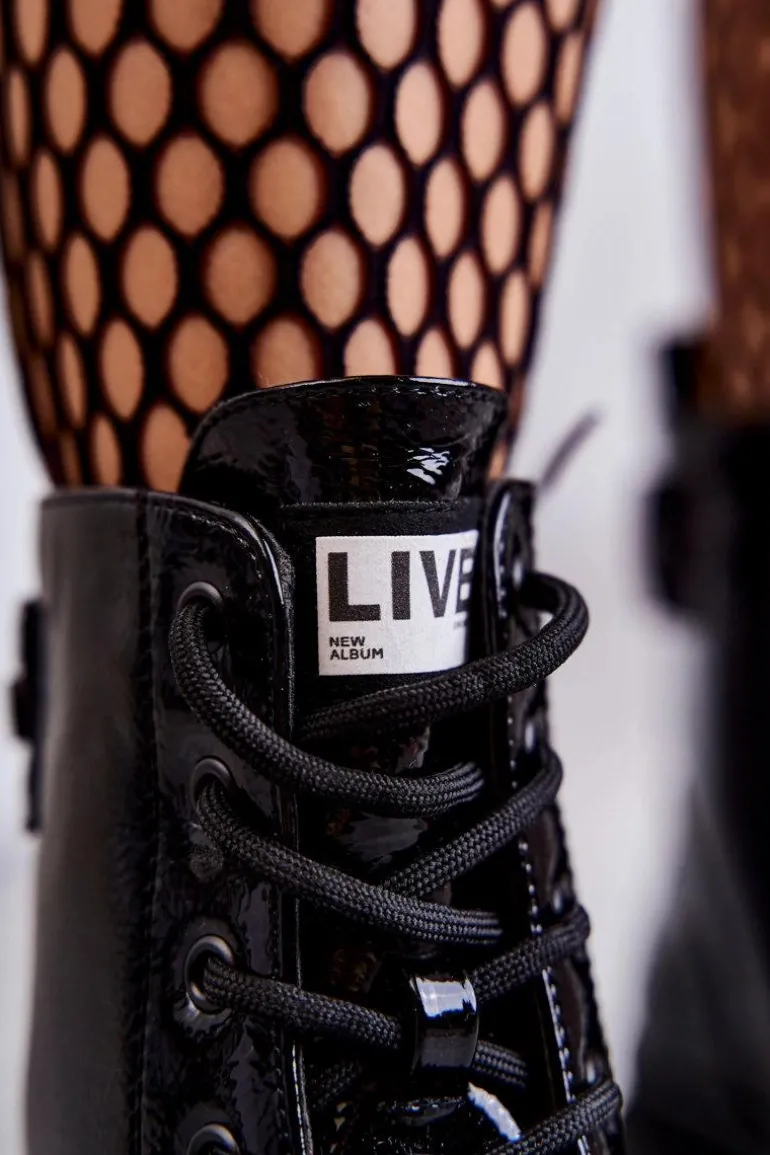 Damskie Lakierowane Botki Workery Sznurowane Czarne Conny