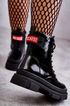 Damskie Lakierowane Botki Workery Sznurowane Czarne Conny