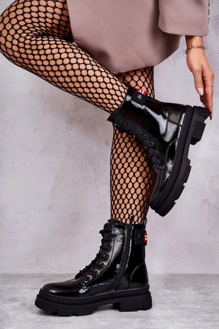 Damskie Lakierowane Botki Workery Sznurowane Czarne Conny