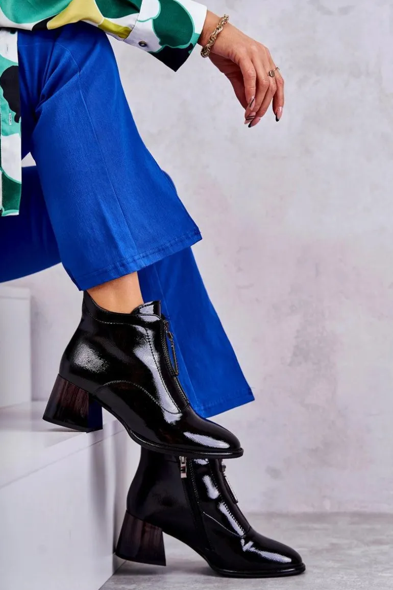 Damskie Lakierowane Botki Z Suwakami Czarne Cristel