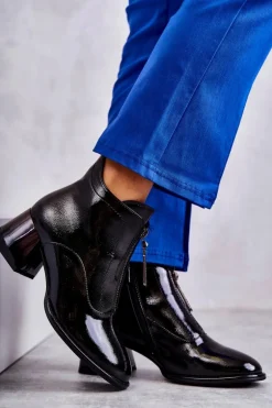 Damskie Lakierowane Botki Z Suwakami Czarne Cristel