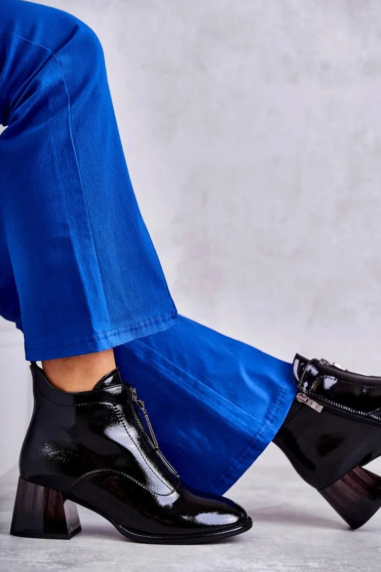 Damskie Lakierowane Botki Z Suwakami Czarne Cristel