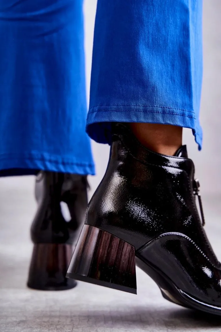 Damskie Lakierowane Botki Z Suwakami Czarne Cristel