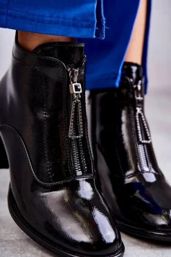 Damskie Lakierowane Botki Z Suwakami Czarne Cristel