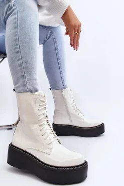 Damskie Lakierowane Botki Na Grubej Podeszwie Białe Movana