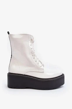 Damskie Lakierowane Botki Na Grubej Podeszwie Białe Movana