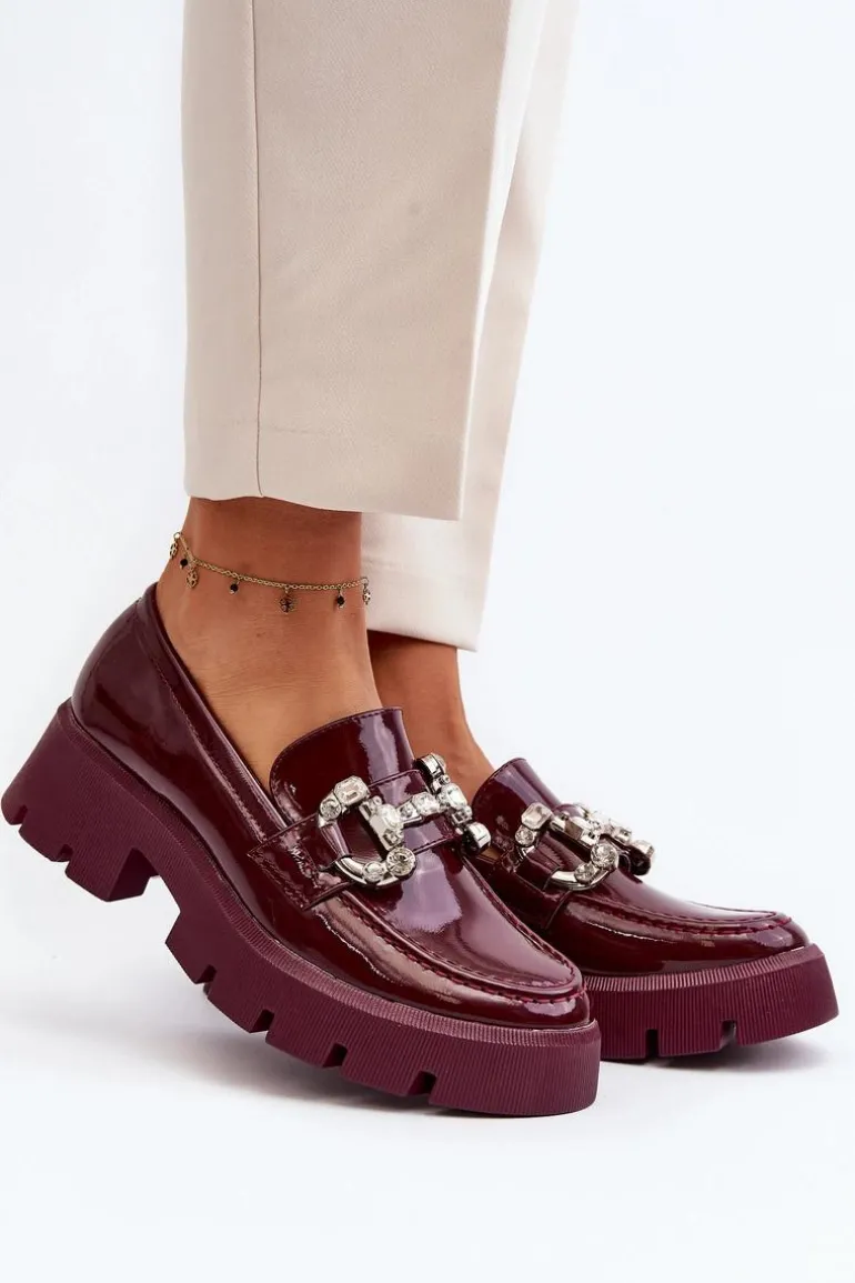 Damskie Lakierowane Mokasyny Z Ozdobą Bordowe Arsaba