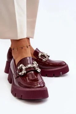Damskie Lakierowane Mokasyny Z Ozdobą Bordowe Arsaba