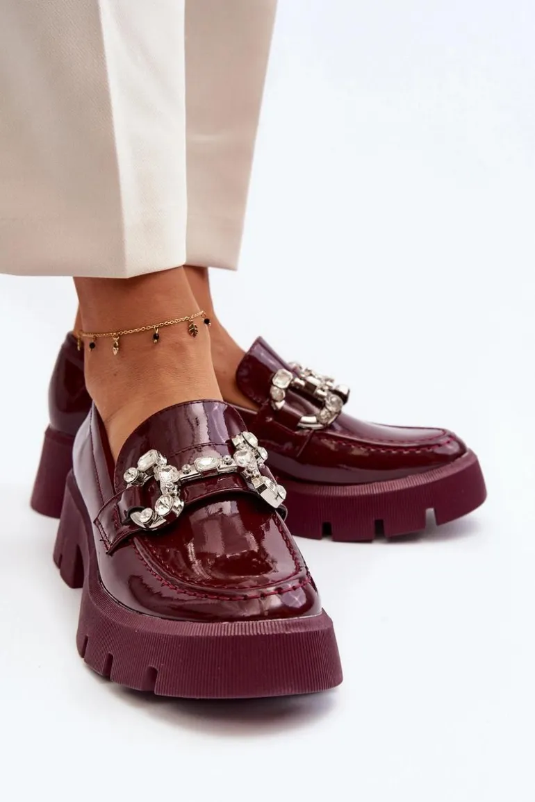 Damskie Lakierowane Mokasyny Z Ozdobą Bordowe Arsaba