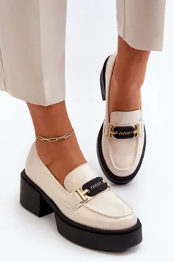 Damskie Lakierowane Mokasyny Na Masywnym Obcasie Jasnobeżowe Ridulvi