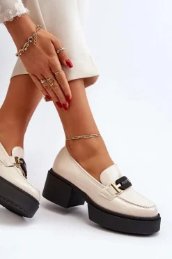 Damskie Lakierowane Mokasyny Na Masywnym Obcasie Jasnobeżowe Ridulvi