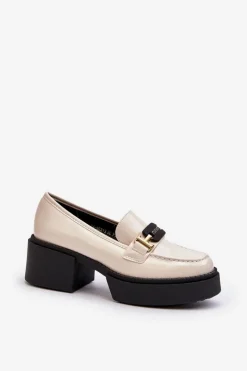 Damskie Lakierowane Mokasyny Na Masywnym Obcasie Jasnobeżowe Ridulvi