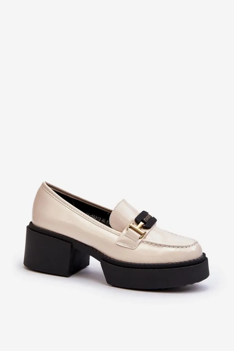Damskie Lakierowane Mokasyny Na Masywnym Obcasie Jasnobeżowe Ridulvi