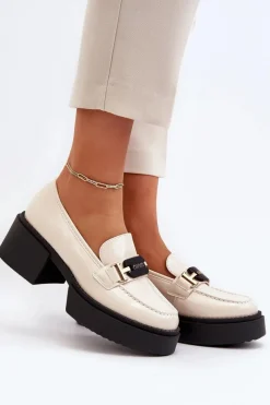 Damskie Lakierowane Mokasyny Na Masywnym Obcasie Jasnobeżowe Ridulvi