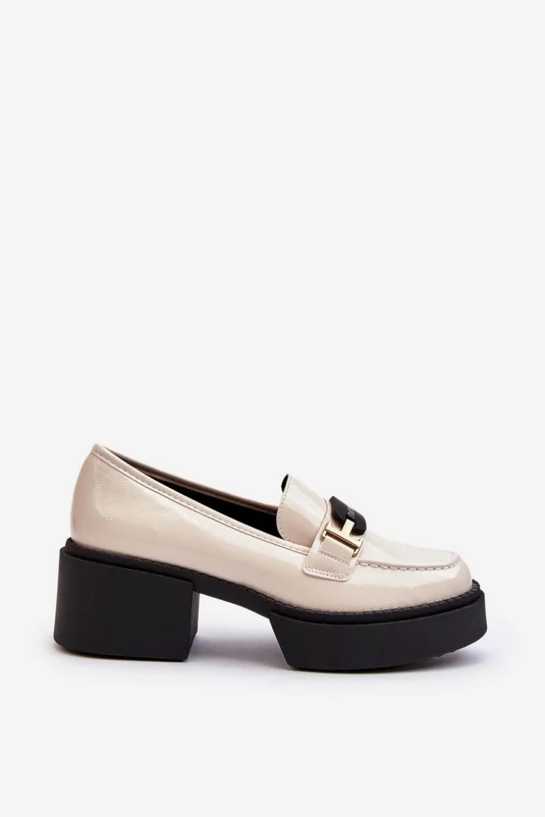 Damskie Lakierowane Mokasyny Na Masywnym Obcasie Jasnobeżowe Ridulvi