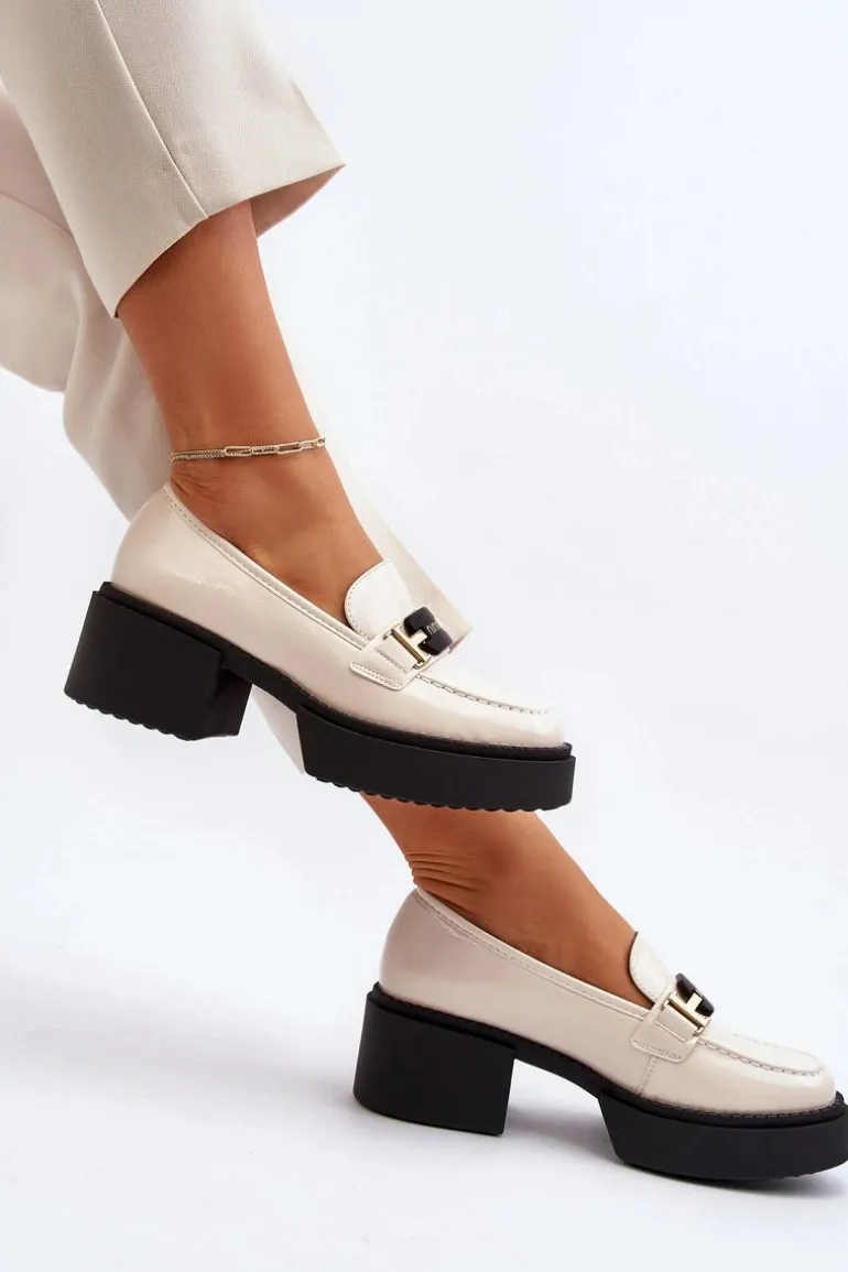 Damskie Lakierowane Mokasyny Na Masywnym Obcasie Jasnobeżowe Ridulvi