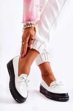 Damskie Lakierowane Mokasyny Na Koturnie Białe Frilly