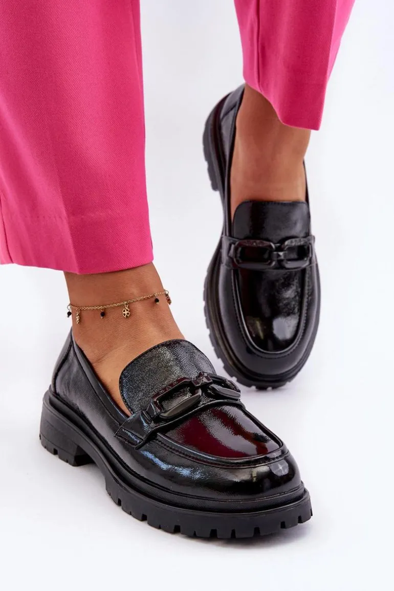 Damskie Lakierowane Mokasyny Ze Skóry Naturalnej Czarne Imbleria