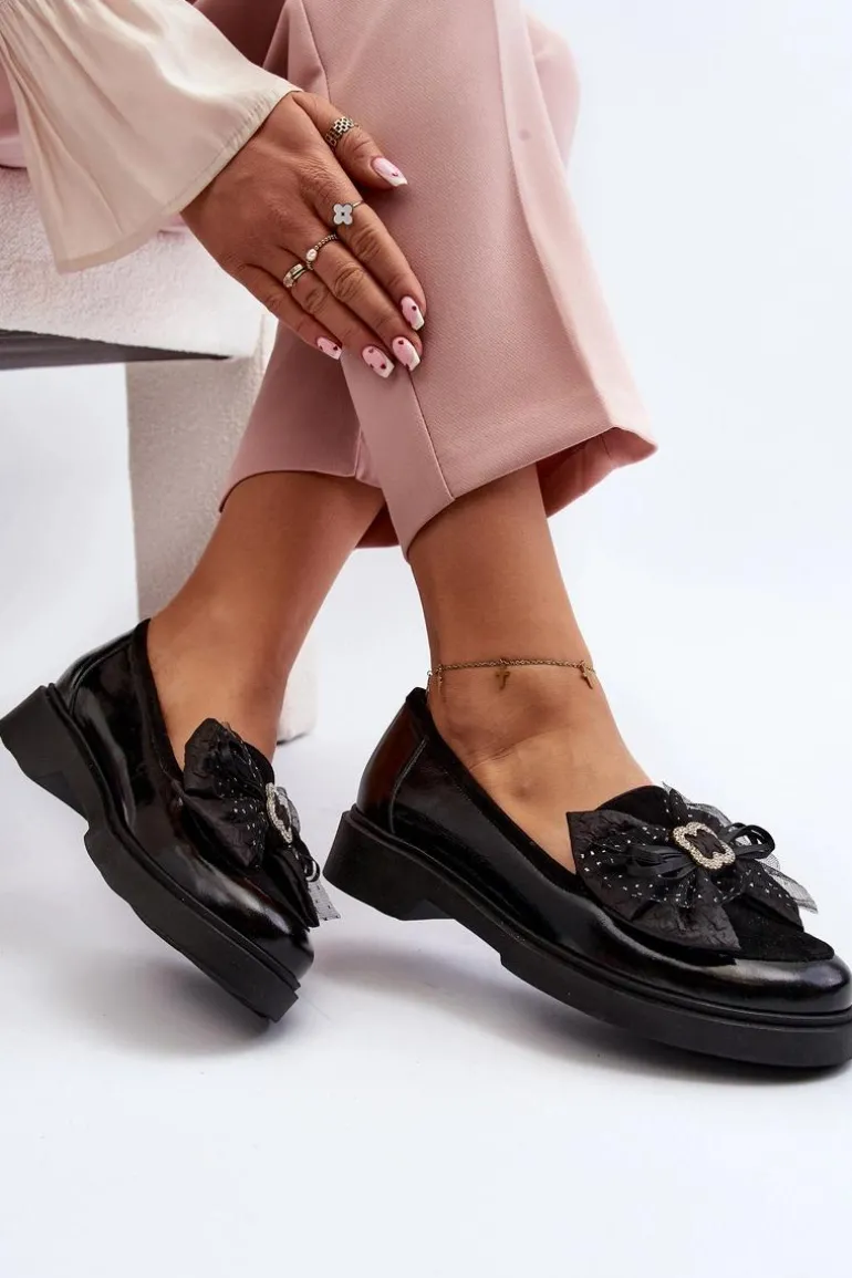 Damskie Lakierowane Mokasyny Z Kokardą Laura Messi 2786 Czarne