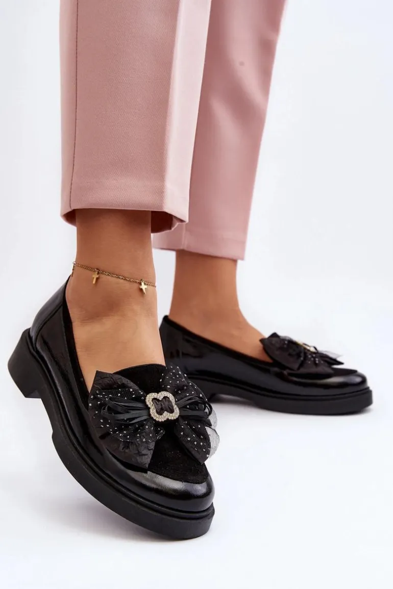 Damskie Lakierowane Mokasyny Z Kokardą Laura Messi 2786 Czarne