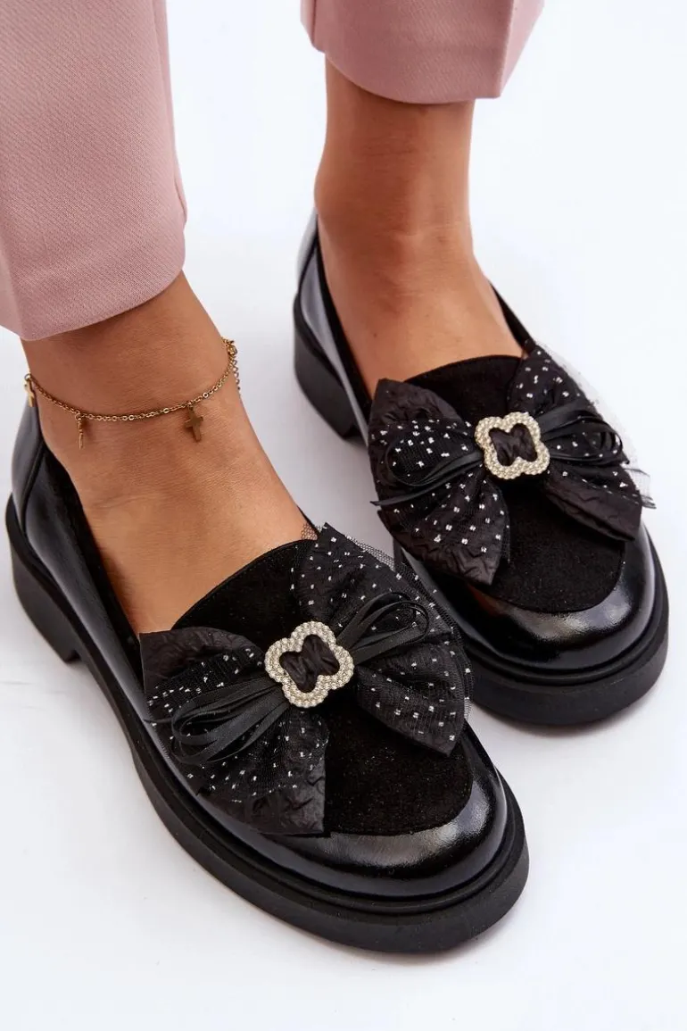 Damskie Lakierowane Mokasyny Z Kokardą Laura Messi 2786 Czarne