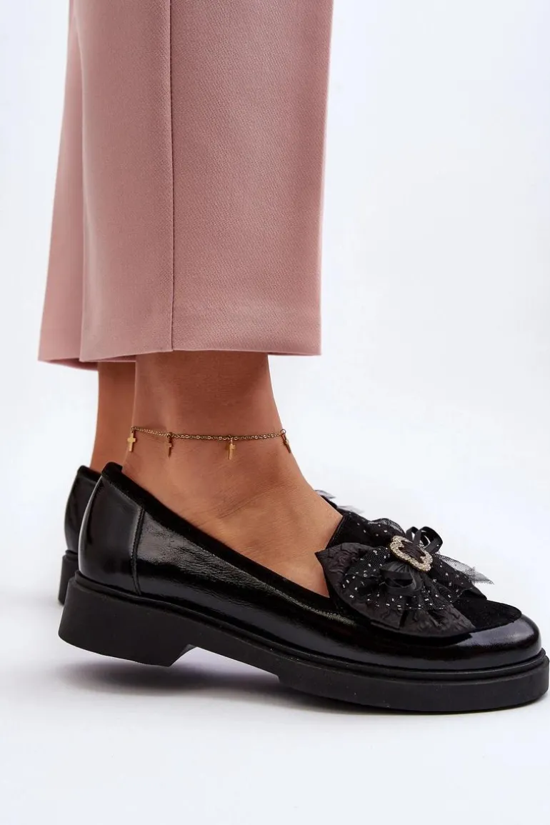 Damskie Lakierowane Mokasyny Z Kokardą Laura Messi 2786 Czarne
