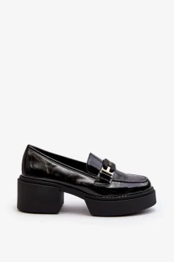 Damskie Lakierowane Mokasyny Na Masywnym Obcasie Czarne Ridulvi