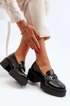 Damskie Lakierowane Mokasyny Na Masywnym Obcasie Czarne Ridulvi