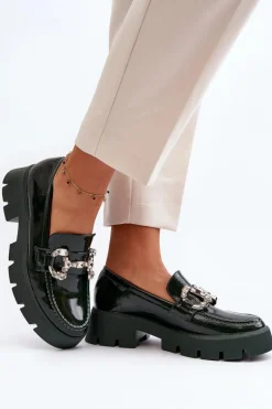 Damskie Lakierowane Mokasyny Z Ozdobą Ciemnozielone Arsaba