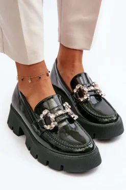 Damskie Lakierowane Mokasyny Z Ozdobą Ciemnozielone Arsaba
