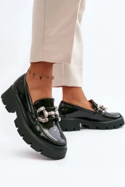 Damskie Lakierowane Mokasyny Z Ozdobą Ciemnozielone Arsaba
