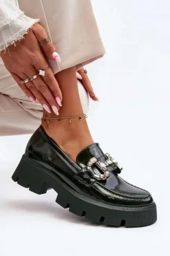 Damskie Lakierowane Mokasyny Z Ozdobą Ciemnozielone Arsaba