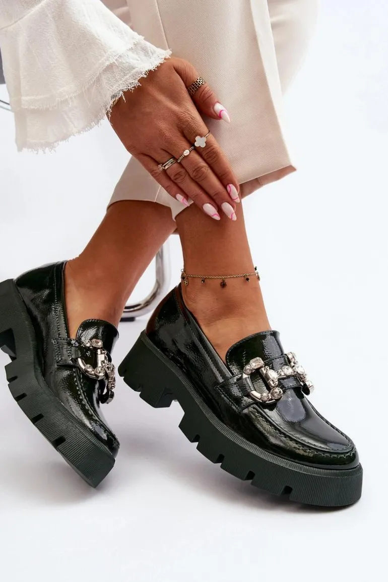 Damskie Lakierowane Mokasyny Z Ozdobą Ciemnozielone Arsaba