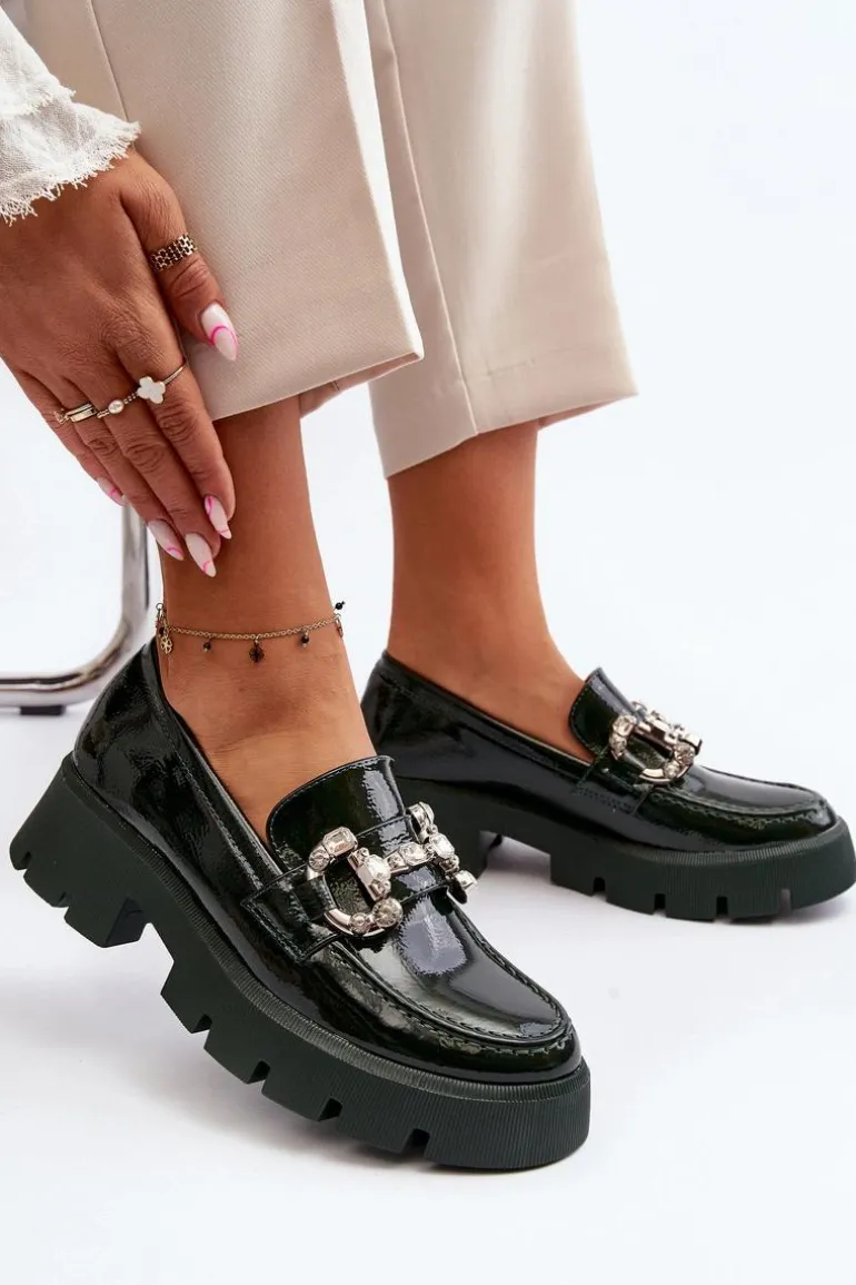Damskie Lakierowane Mokasyny Z Ozdobą Ciemnozielone Arsaba