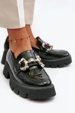 Damskie Lakierowane Mokasyny Z Ozdobą Ciemnozielone Arsaba