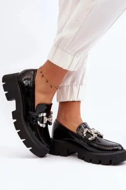 Damskie Lakierowane Mokasyny Z Ozdobą Czarne Arsaba