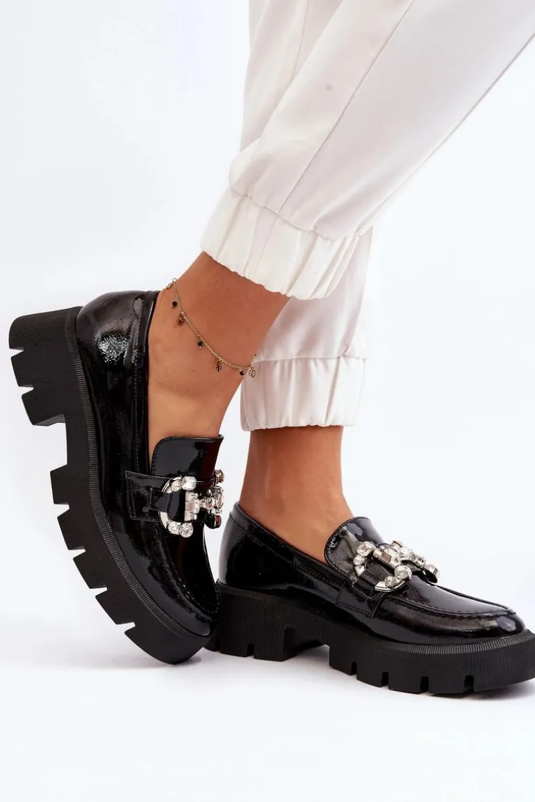 Damskie Lakierowane Mokasyny Z Ozdobą Czarne Arsaba