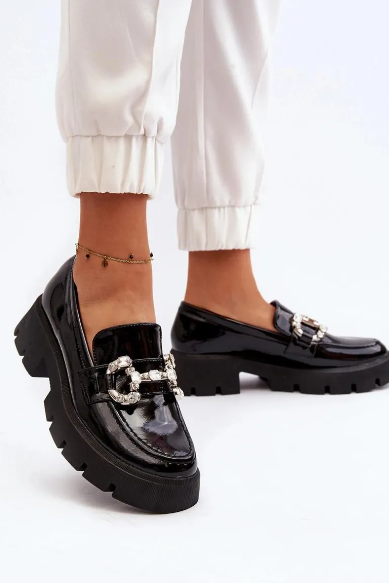 Damskie Lakierowane Mokasyny Z Ozdobą Czarne Arsaba