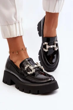Damskie Lakierowane Mokasyny Z Ozdobą Czarne Arsaba