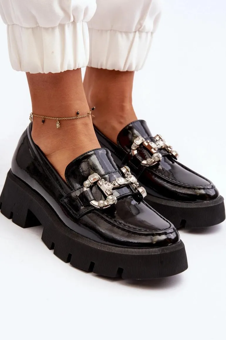 Damskie Lakierowane Mokasyny Z Ozdobą Czarne Arsaba