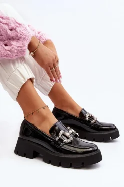 Damskie Lakierowane Mokasyny Z Ozdobą Czarne Arsaba