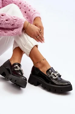 Damskie Lakierowane Mokasyny Z Ozdobą Czarne Arsaba
