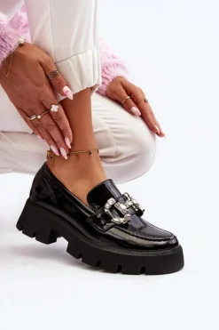 Damskie Lakierowane Mokasyny Z Ozdobą Czarne Arsaba