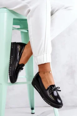 Damskie Lakierowane Mokasyny Na Koturnie Czarne Frilly