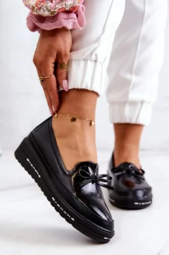 Damskie Lakierowane Mokasyny Na Koturnie Czarne Frilly