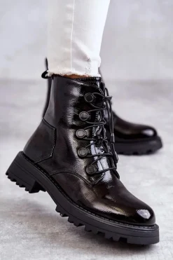 Damskie Lakierowane Ocieplane Botki Ze Ściągaczem Czarne Helia