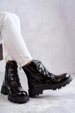 Damskie Lakierowane Ocieplane Botki Ze Ściągaczem Czarne Helia